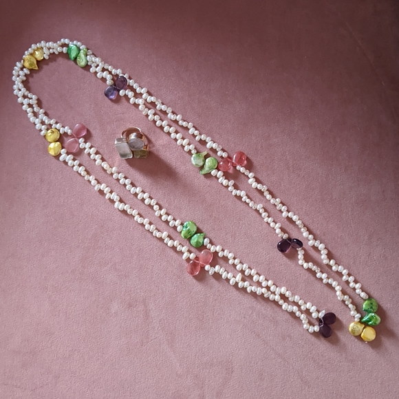 Freshwater Pearl Necklace Long & Semi-Precious Stone Ring Multi Stones NEW - Picture 2 of 5